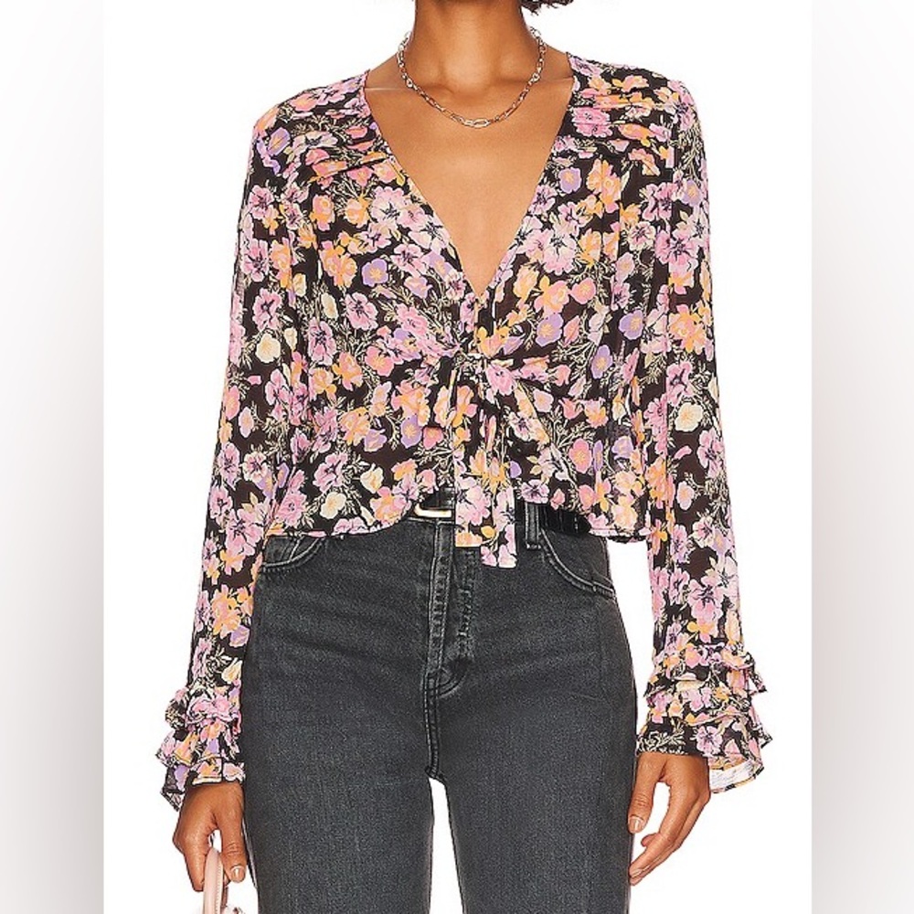 Free People Maybel Floral Tie-Front Blouse in Black Combo